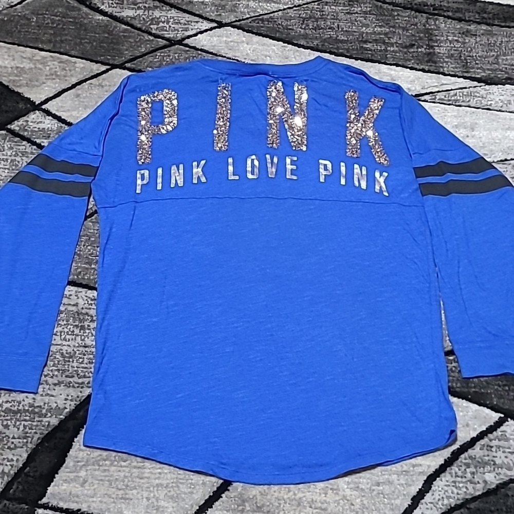 VS PINK 2014 CAMPUS V-NECK SHINE BLING SEQUINS LONG-SLEEVE TEE-SHIRT